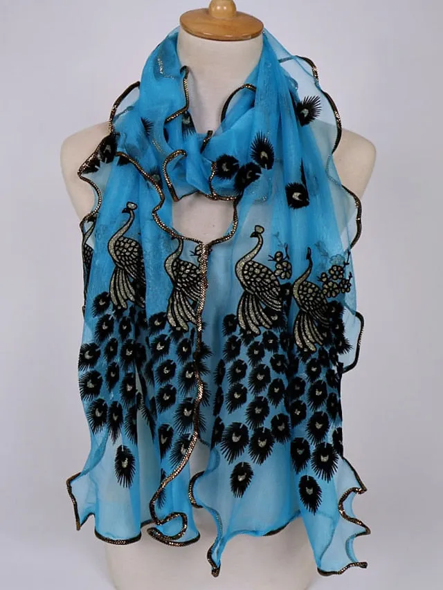 1pcs Women Scarf Elegant Peacock Embroidered Lace Scarf Long Soft Shawl Breathable Long Towel for Women