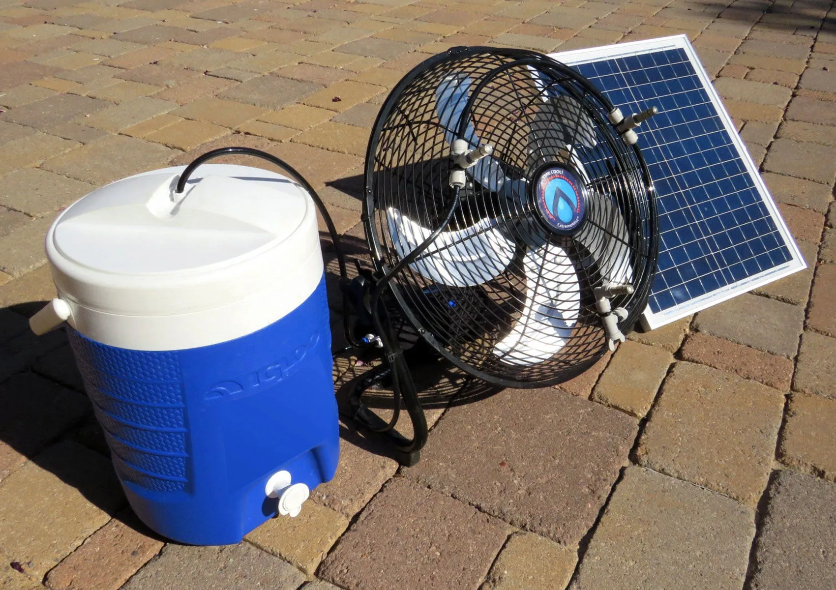 3-n-1 Portable Misting Fan w/ Solar Panel, Mist Pump & 16ft Mist Line attachment