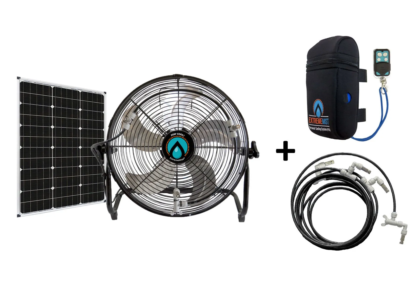 3-n-1 Portable Misting Fan w/ Solar Panel, Mist Pump & 16ft Mist Line attachment
