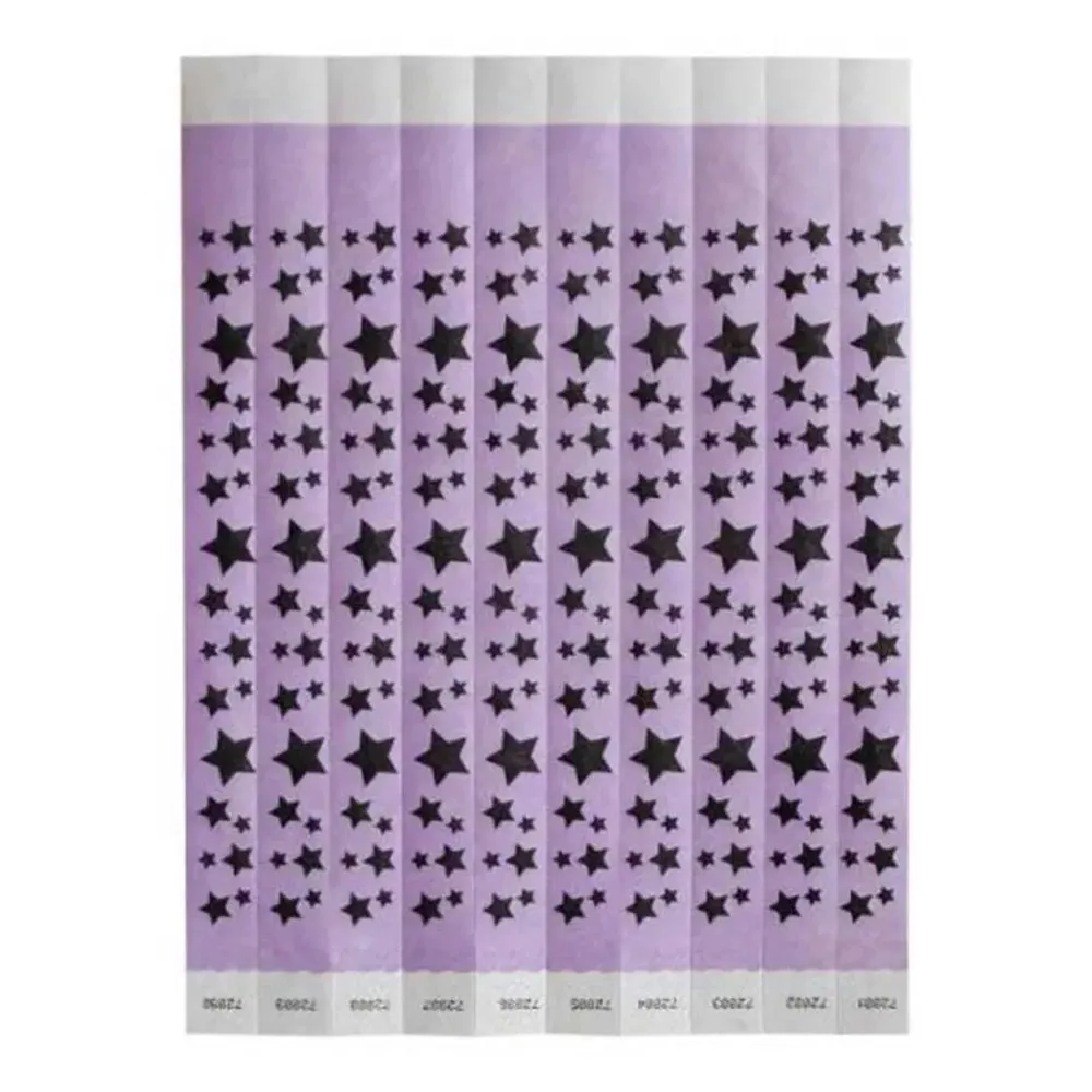 Bar Maid WB-STARS Wristbands, 3/4"W X 9.5"L Tyvek, Sequentially Numbered — Stars (Purple/Black), 500 Bands/Pack
