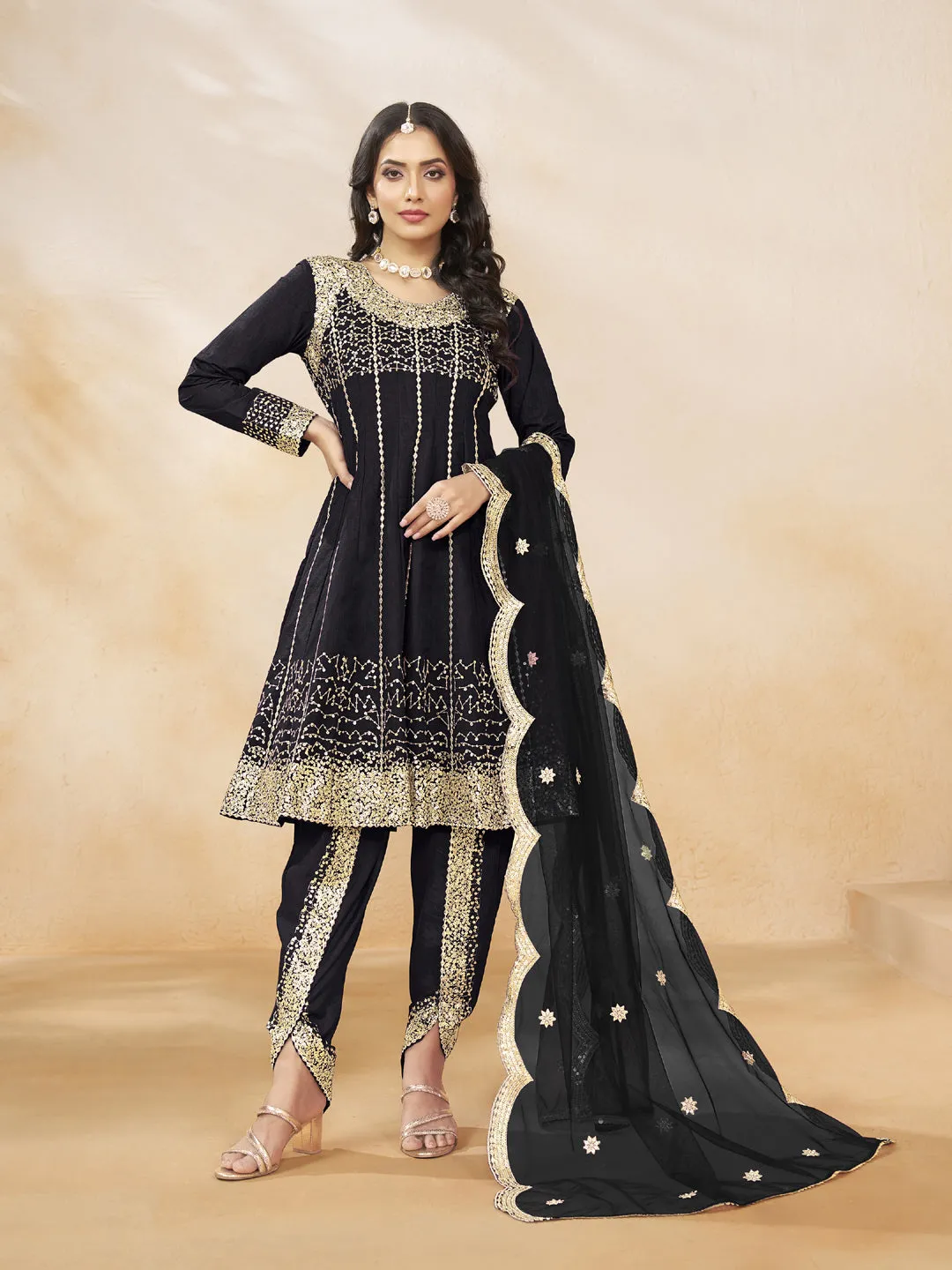Black Designer Heavy Semi-Stitched Patiyala Dress With Sequence Embroidery Work