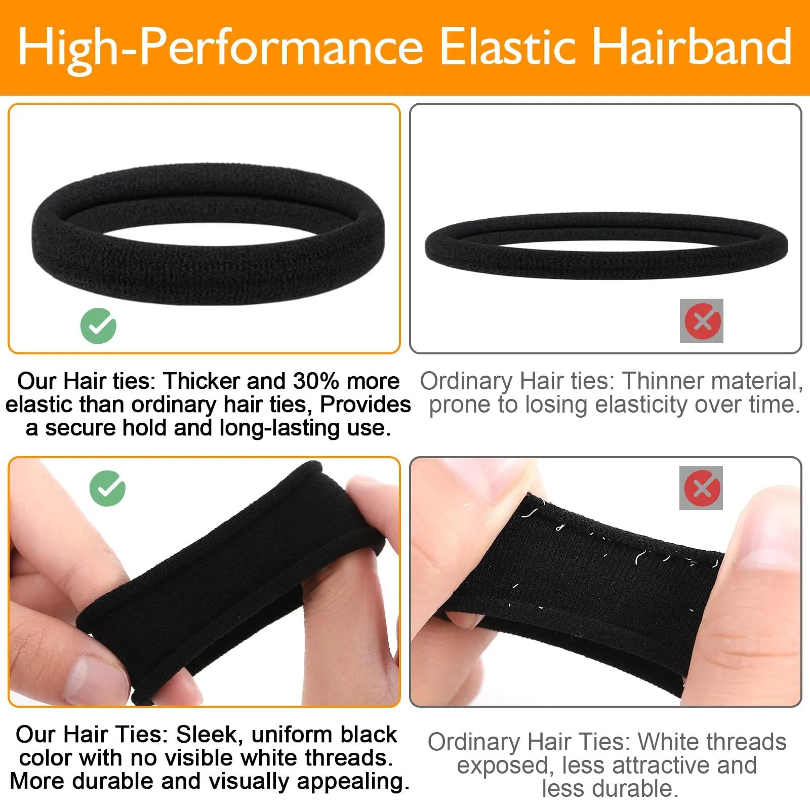 Black Hair Ties No Damage 100 Pcs Ponytail Holders Elastic Hair Ties Thick Hair Bands for Women Girls Thick Curly Hair