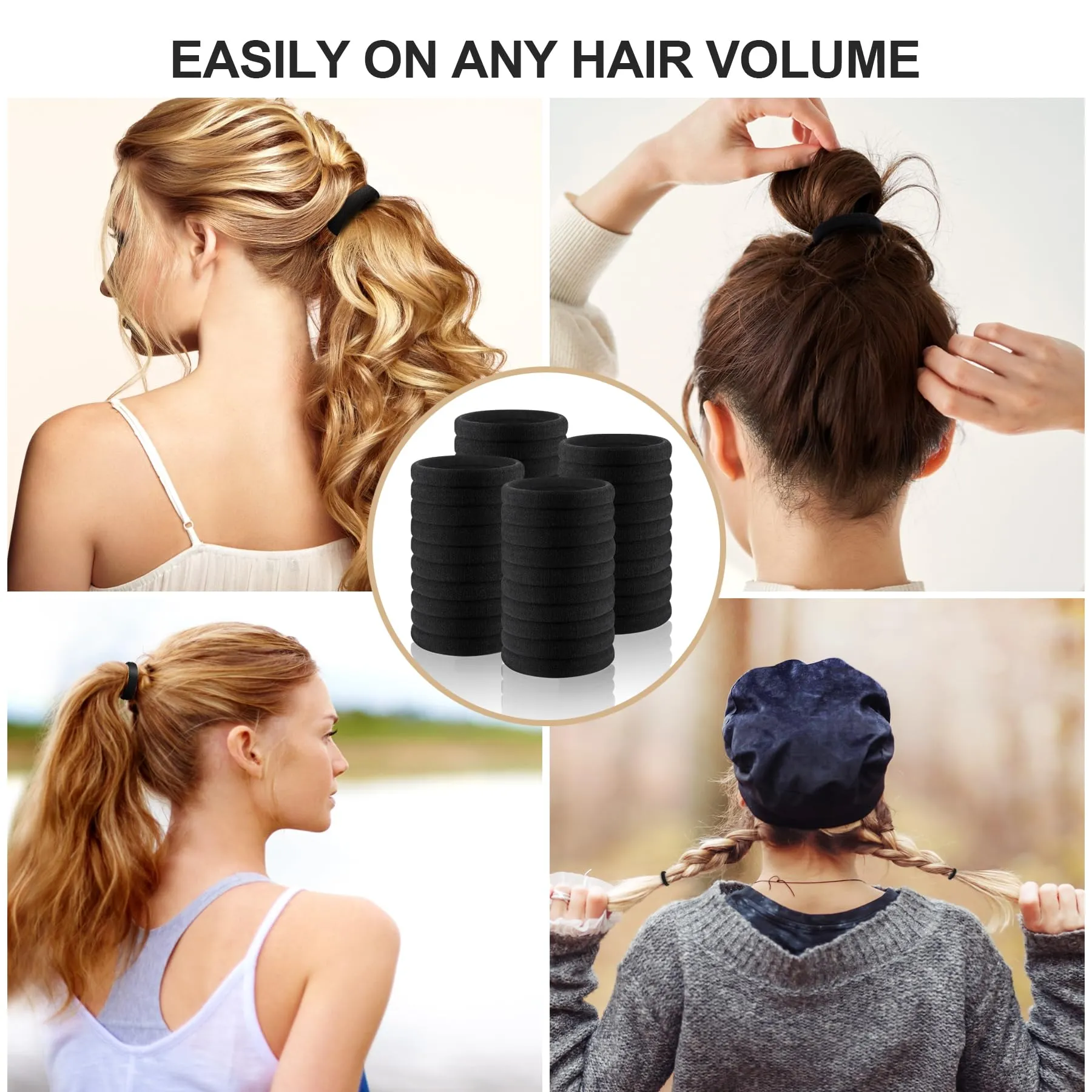 Black Hair Ties No Damage 100 Pcs Ponytail Holders Elastic Hair Ties Thick Hair Bands for Women Girls Thick Curly Hair