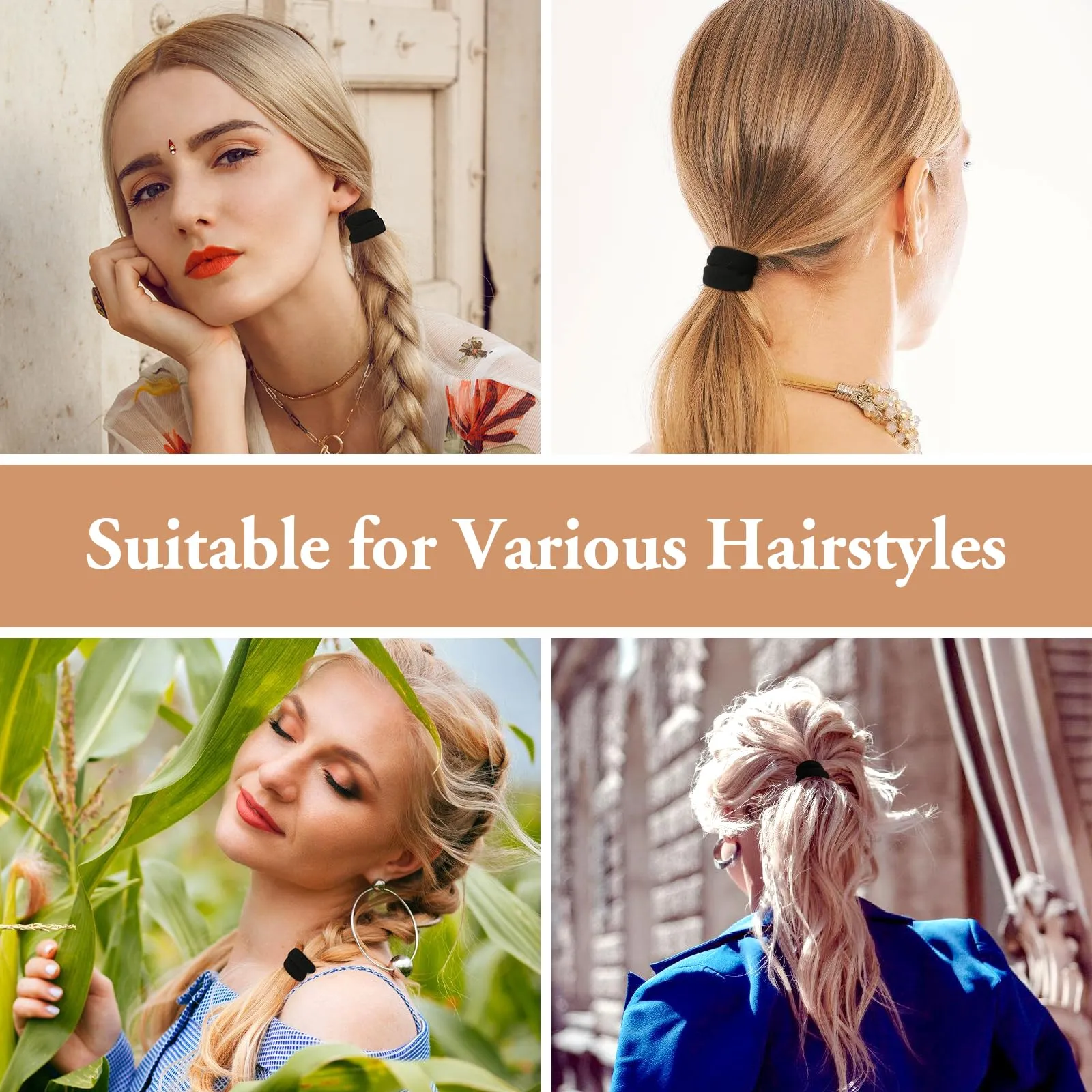Black Hair Ties No Damage 100 Pcs Ponytail Holders Elastic Hair Ties Thick Hair Bands for Women Girls Thick Curly Hair