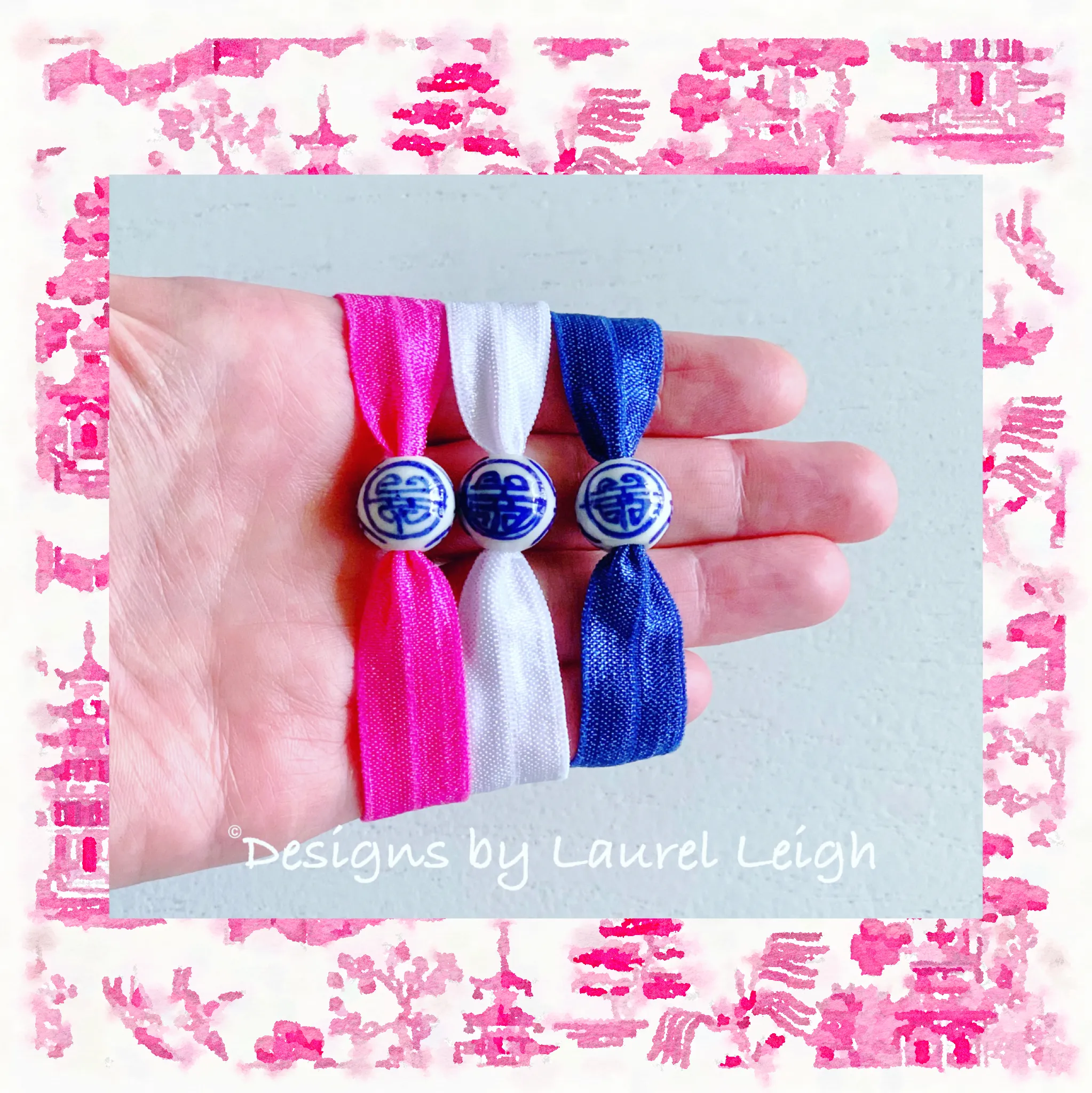 Chinoiserie Elastic Hair Ties- Set of 3 - Assorted Solid Colors