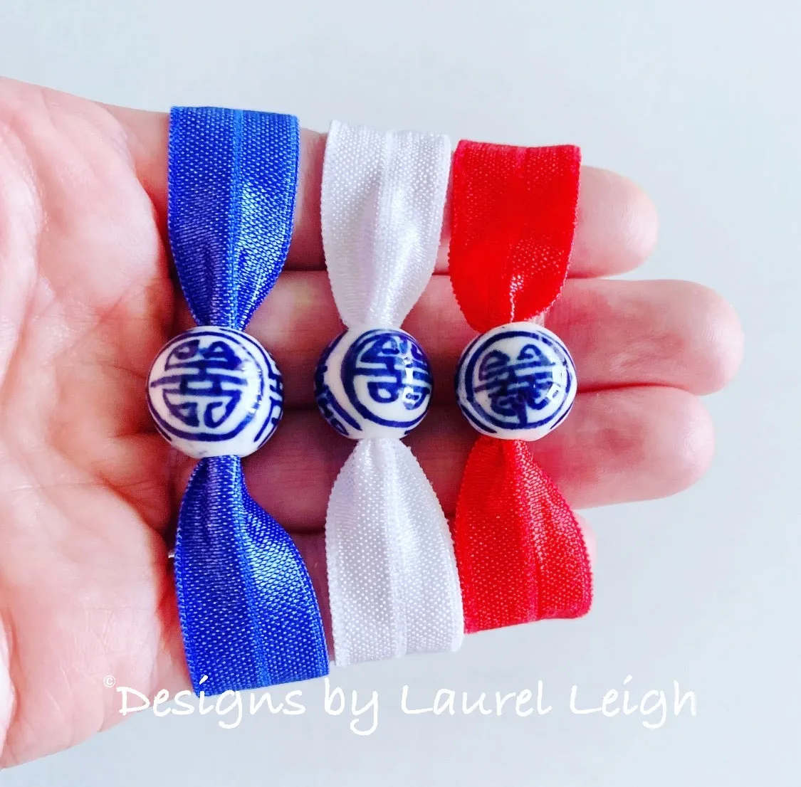 Chinoiserie Elastic Hair Ties- Set of 3 - Assorted Solid Colors
