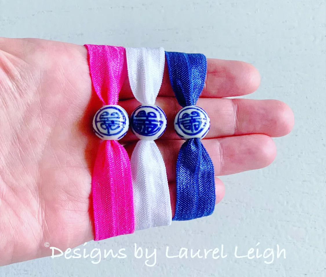 Chinoiserie Elastic Hair Ties- Set of 3 - Assorted Solid Colors