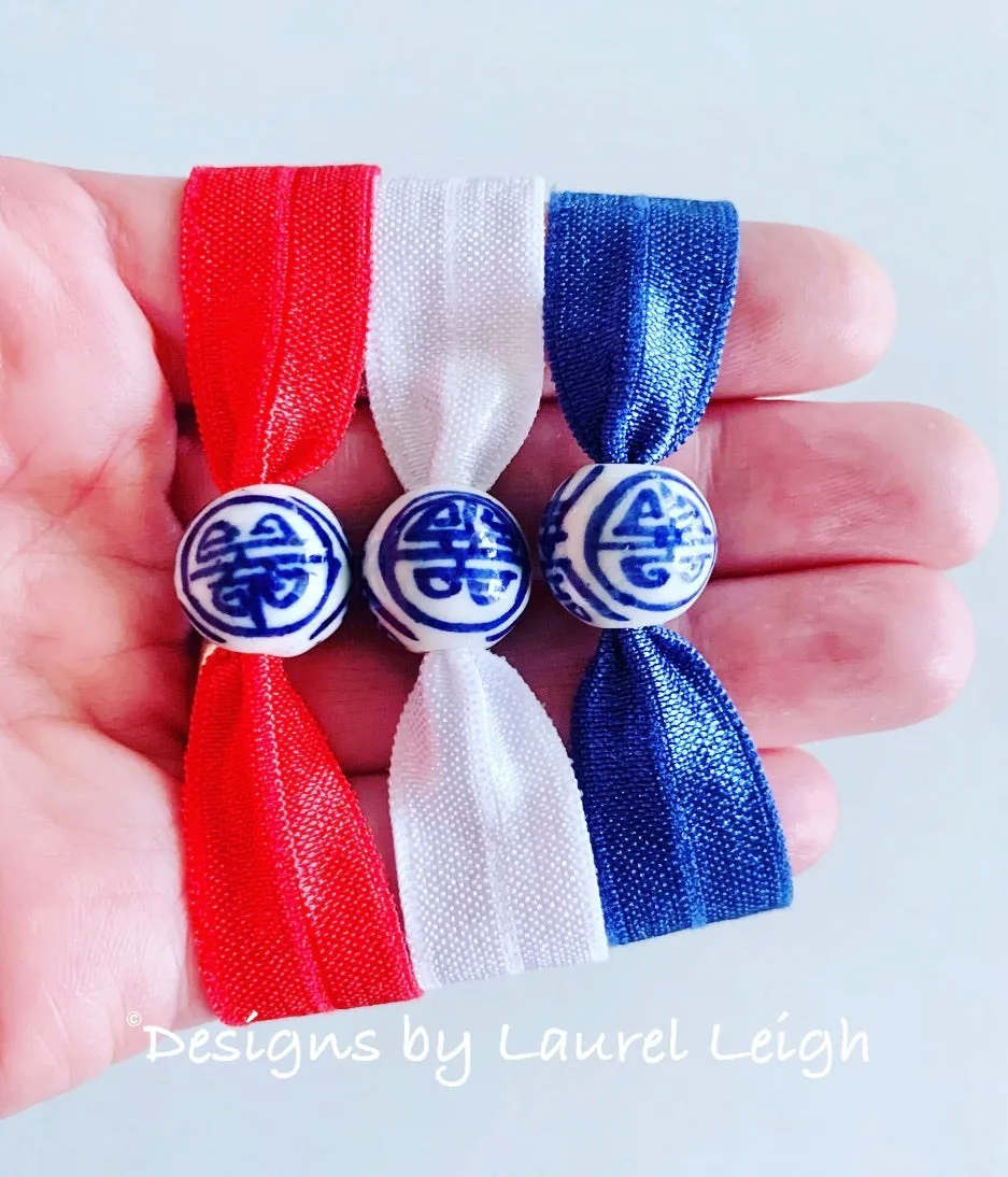 Chinoiserie Elastic Hair Ties- Set of 3 - Assorted Solid Colors
