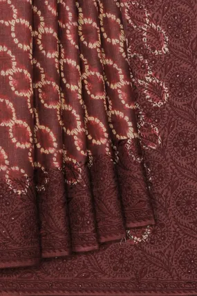 Chocolate-Brown Tussar Silk Embroidery Work Saree