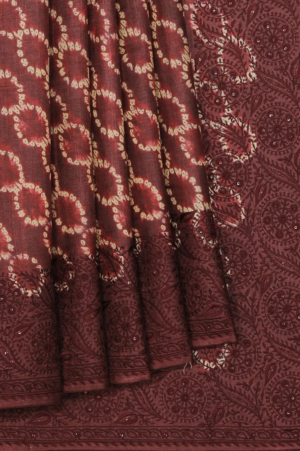 Chocolate-Brown Tussar Silk Embroidery Work Saree