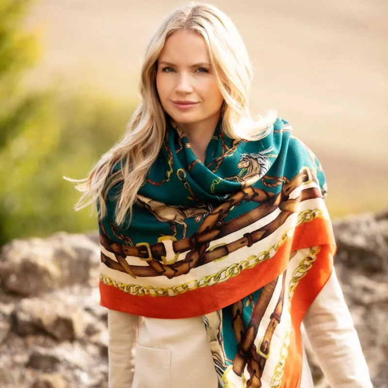 Clare Haggas Rearing To Go Wool/Silk Shawl - Teal & Rust