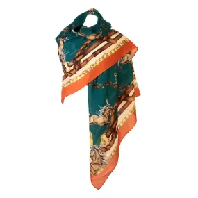 Clare Haggas Rearing To Go Wool/Silk Shawl - Teal & Rust