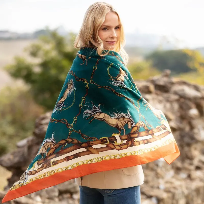 Clare Haggas Rearing To Go Wool/Silk Shawl - Teal & Rust