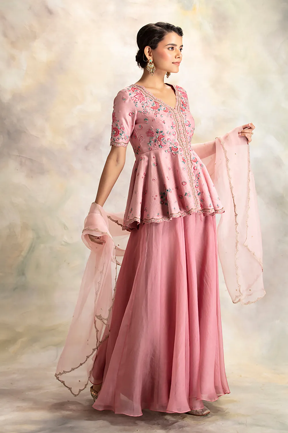 Classy Fresh Old Rose Embroidered Peplum Kurta Set
