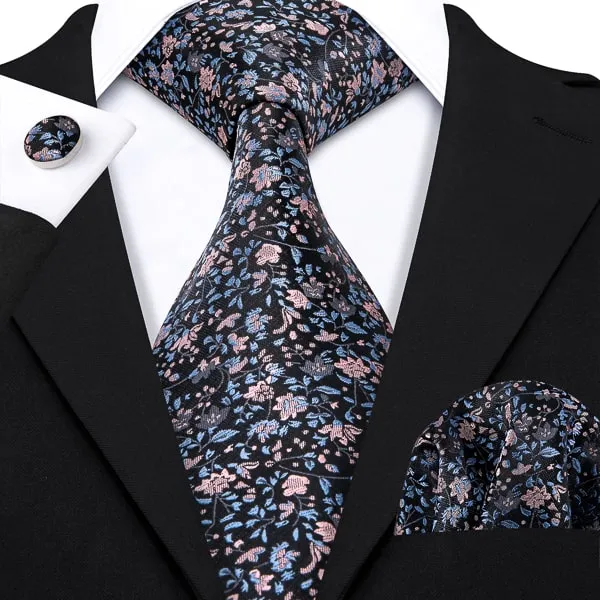 Classy Men Baby Blue Pink Floral Silk Tie