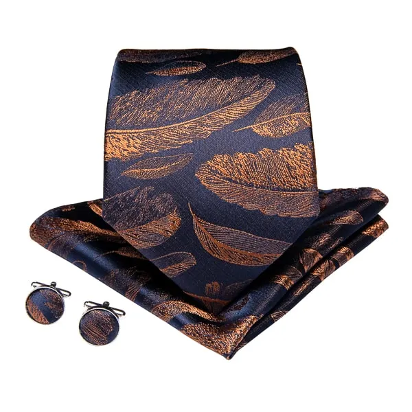 Classy Men Blue & Gold Feathers Silk Tie