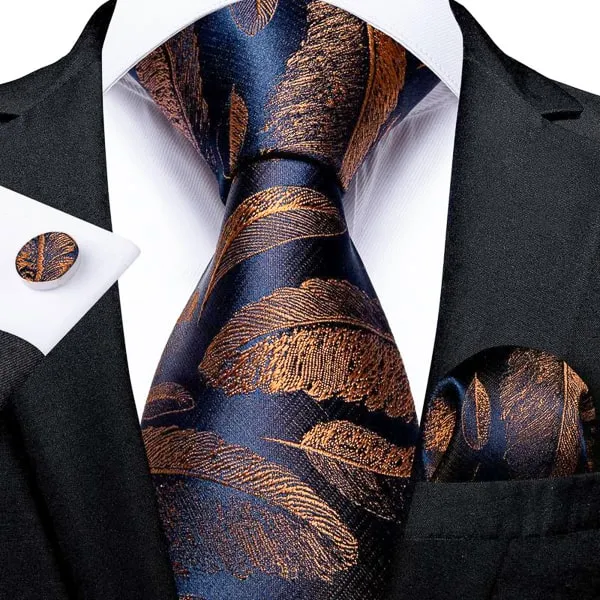 Classy Men Blue & Gold Feathers Silk Tie