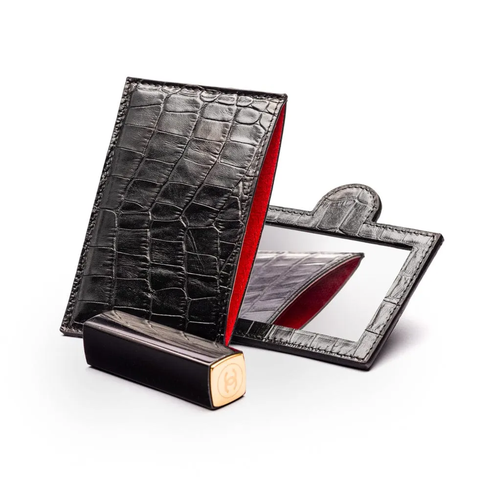 Compact Leather Mirror - Black Croc
