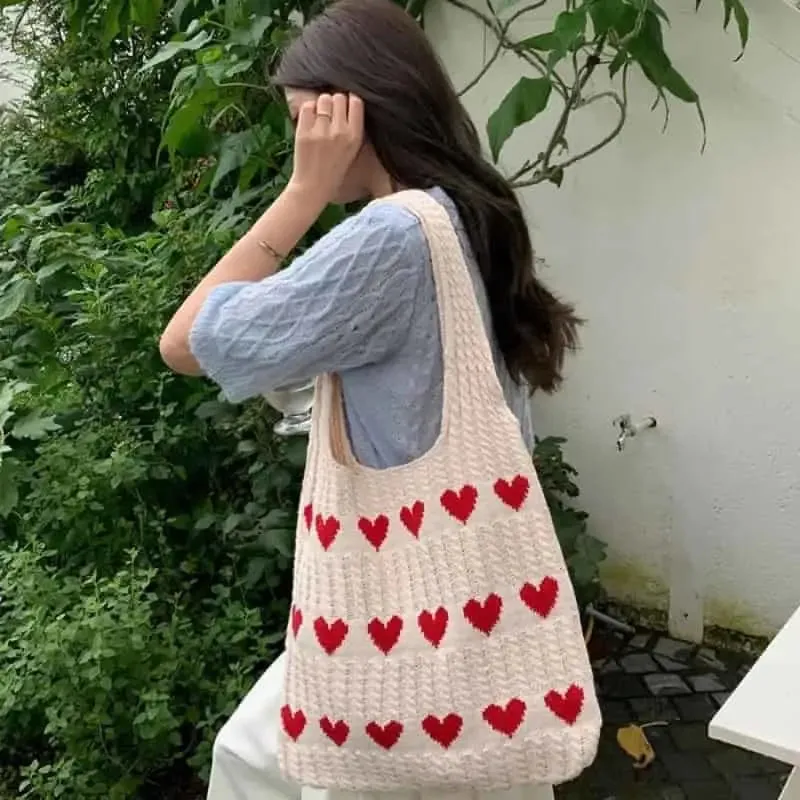 Cute Hearts Knitted Shoulder Bag