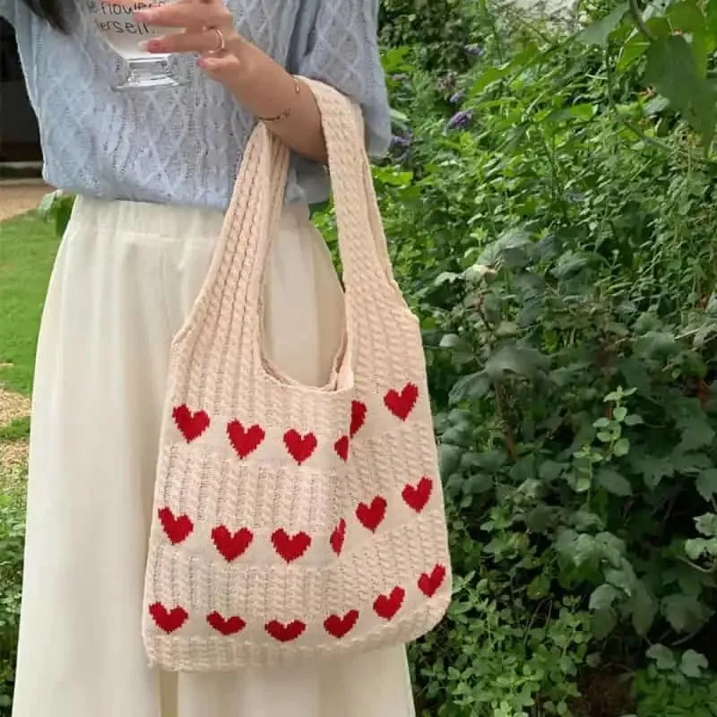Cute Hearts Knitted Shoulder Bag