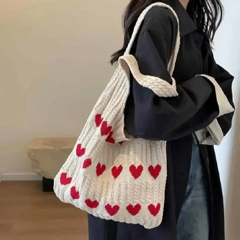Cute Hearts Knitted Shoulder Bag