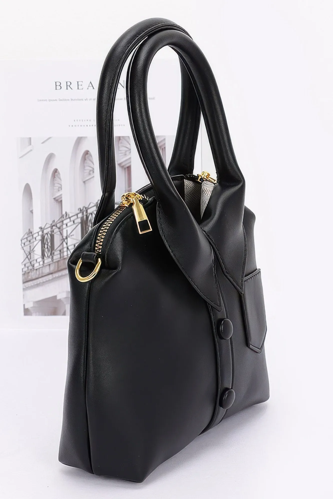 Faux Leather Shirt Style Top Handle Bag