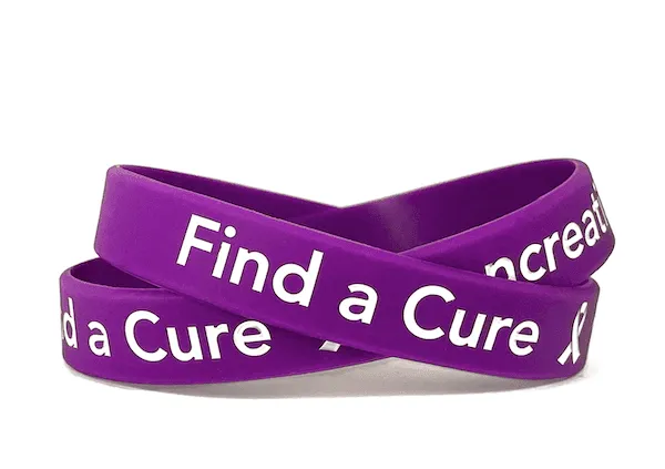 Find a Cure - Pancreatic Cancer  purple wristband white letters - Adult XL 9"