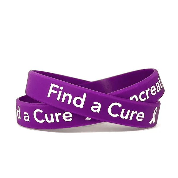 Find a Cure - Pancreatic Cancer  purple wristband white letters - Adult XL 9"