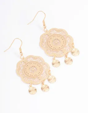 Gold Filigree Flower & Disc Drop Earrings