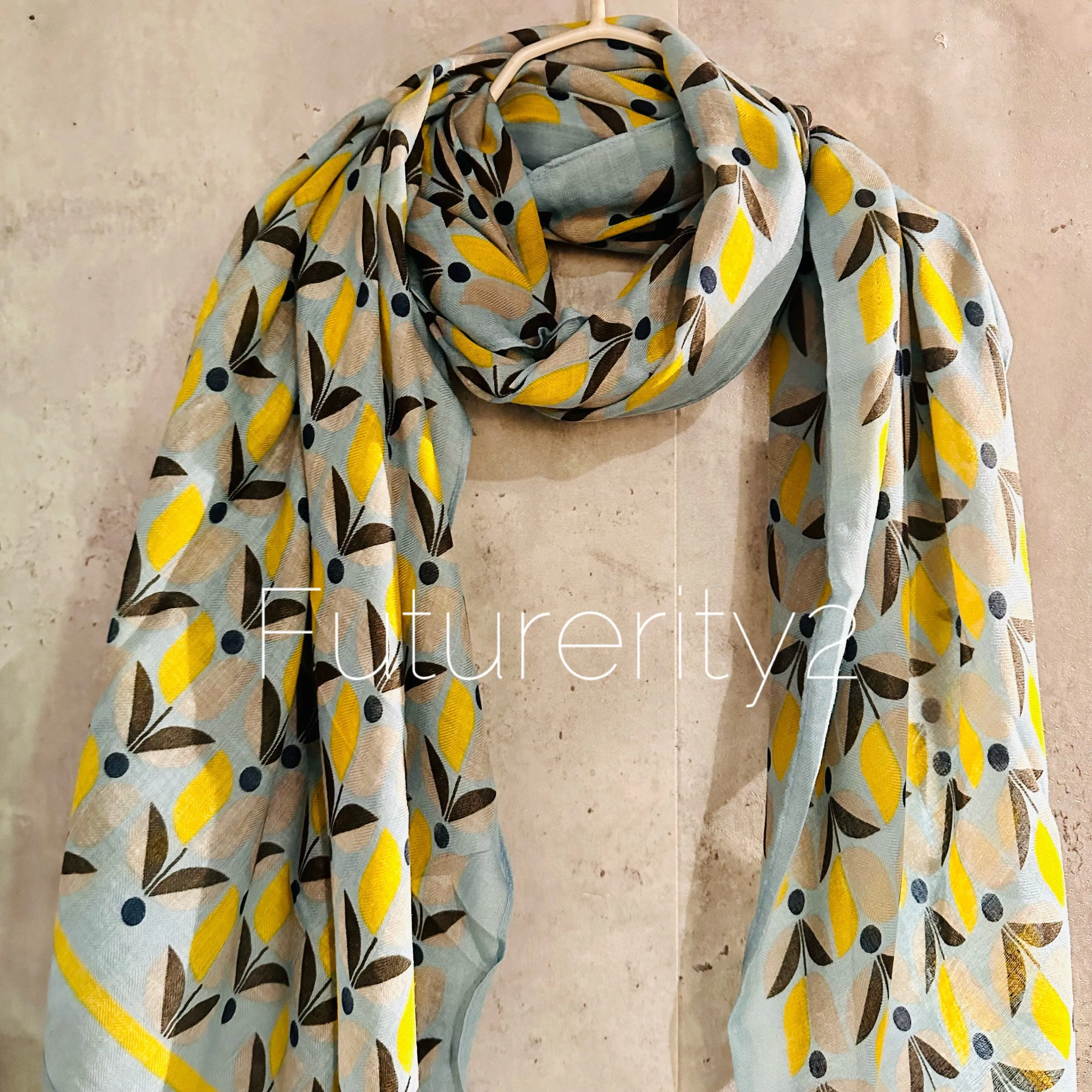 Grey Blue Organic Cotton Scarf with Eco-Friendly Retro Seamless Flowers – A Sustainable Gift for Mom, Ideal for Birthday and Christmas Celebrations
