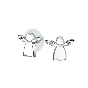 Guardian Angel Stud Earrings with Crystal Accents in Silver - Delicate & Spiritual