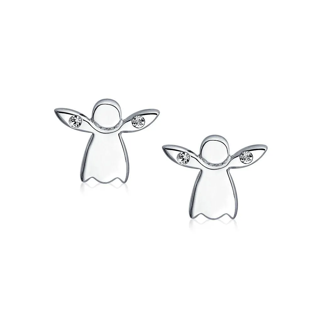 Guardian Angel Stud Earrings with Crystal Accents in Silver - Delicate & Spiritual