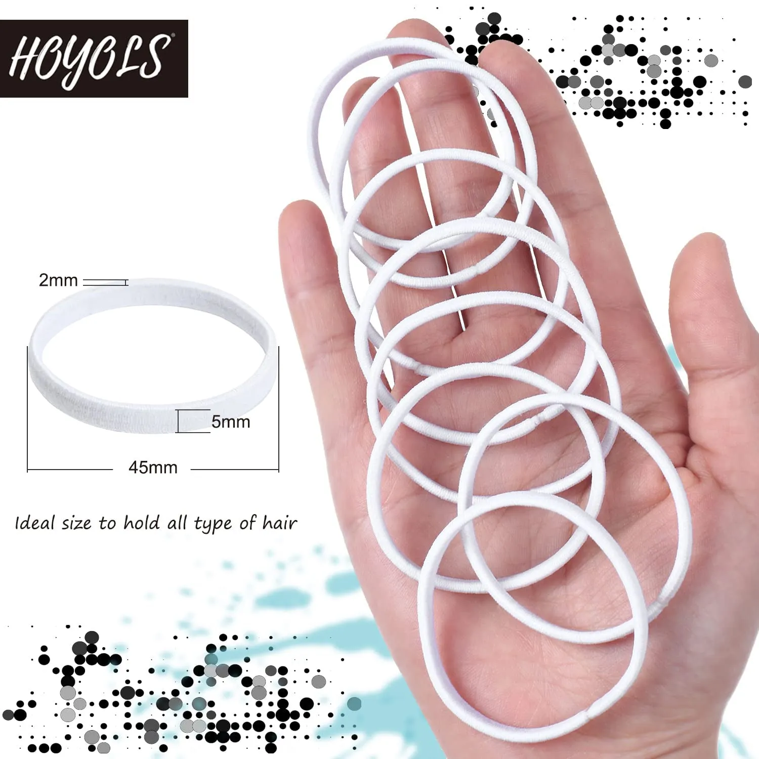 HOYOLS Flat White Hair Elastics Bands, No Metal Thick Large Hair Ties, Heavy Curly Hair Ponytail Holders Headband for Women Men 1-inch 5mm Width 42 Count (White)