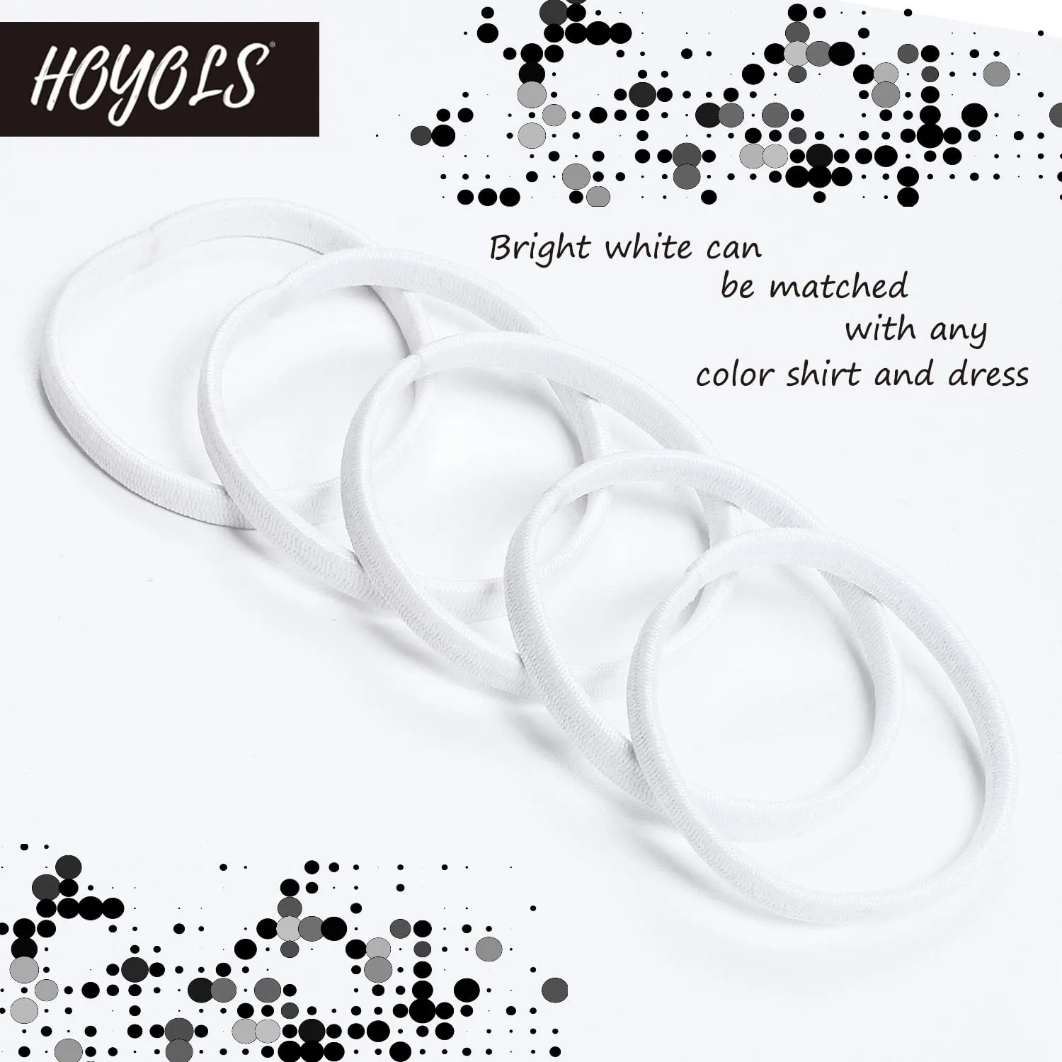 HOYOLS Flat White Hair Elastics Bands, No Metal Thick Large Hair Ties, Heavy Curly Hair Ponytail Holders Headband for Women Men 1-inch 5mm Width 42 Count (White)