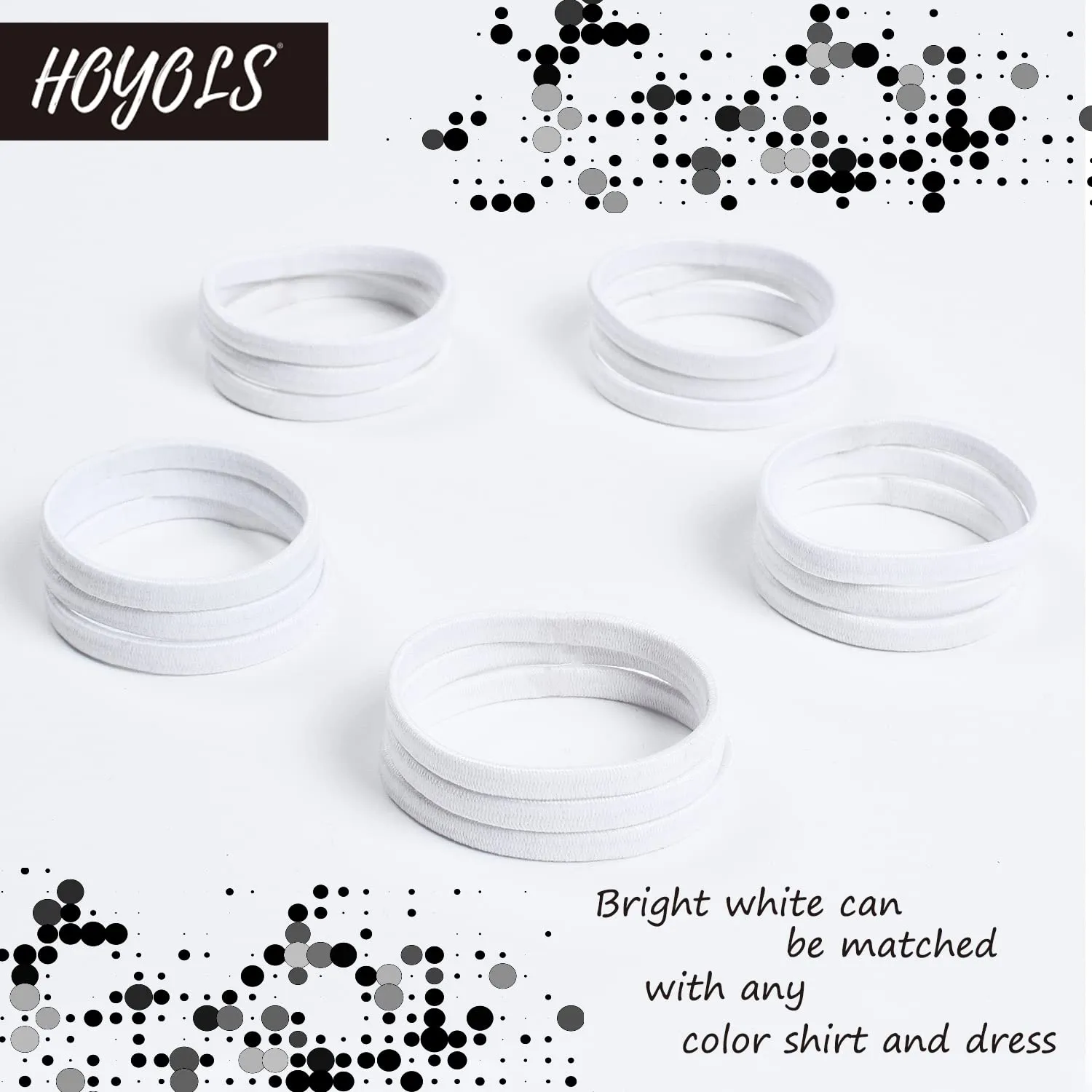 HOYOLS Flat White Hair Elastics Bands, No Metal Thick Large Hair Ties, Heavy Curly Hair Ponytail Holders Headband for Women Men 1-inch 5mm Width 42 Count (White)
