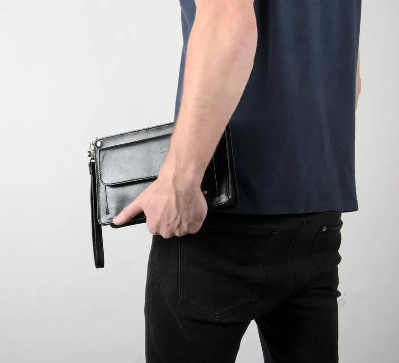 Katana Black Leather Flap Wrist Clutch Bag