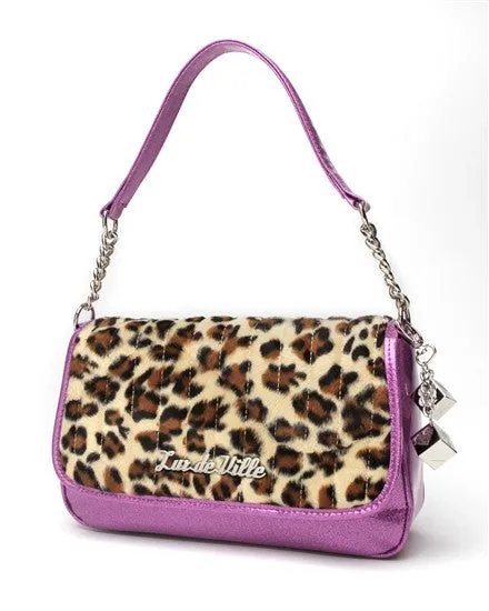 Lux de Ville Mini Gambler Tote Purse in Violet Sparkle with Leopard Fur