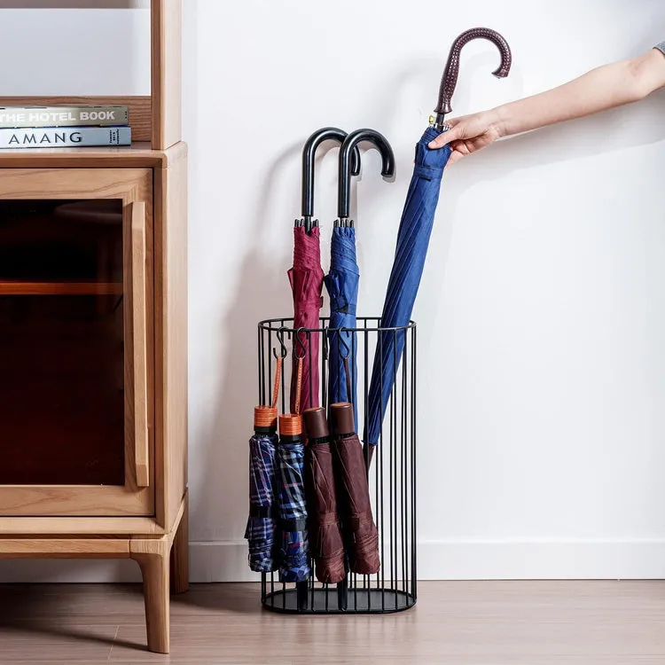 Matte Black Metal Umbrella Holder, Entryway Cane and Walking Stick Stand with S-Hooks for Travel Umbrellas