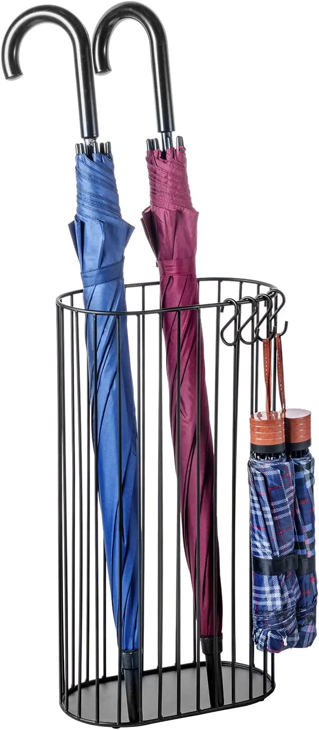 Matte Black Metal Umbrella Holder, Entryway Cane and Walking Stick Stand with S-Hooks for Travel Umbrellas
