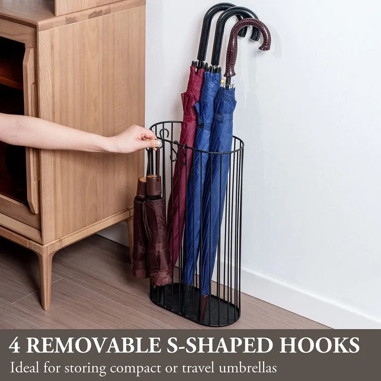 Matte Black Metal Umbrella Holder, Entryway Cane and Walking Stick Stand with S-Hooks for Travel Umbrellas