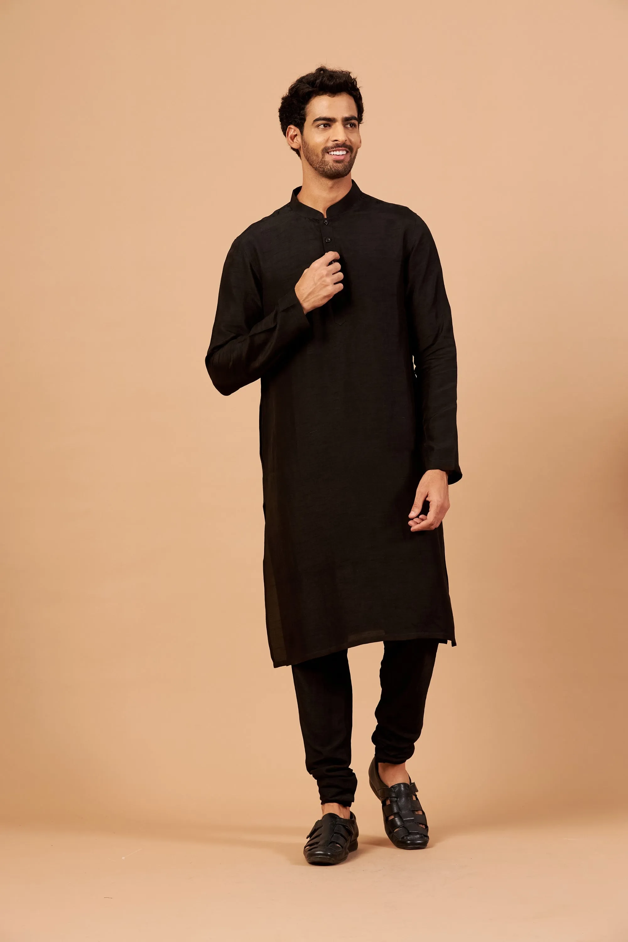 Men's Black Plain Kurta With Chudi Pants - Hilo Design