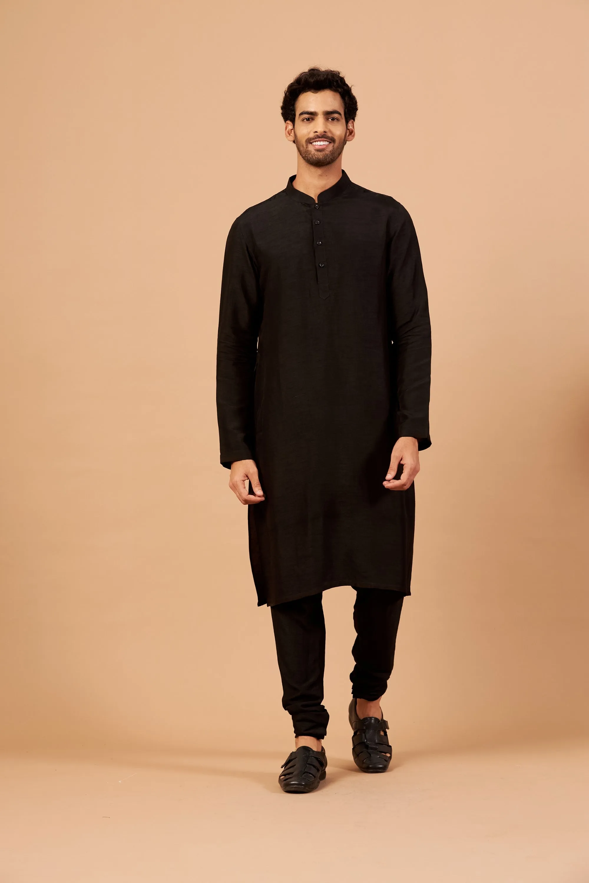 Men's Black Plain Kurta With Chudi Pants - Hilo Design