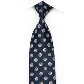 Men's Silk Necktie Silver Medallions On Navy Sparkling With Crystal Rhinestones