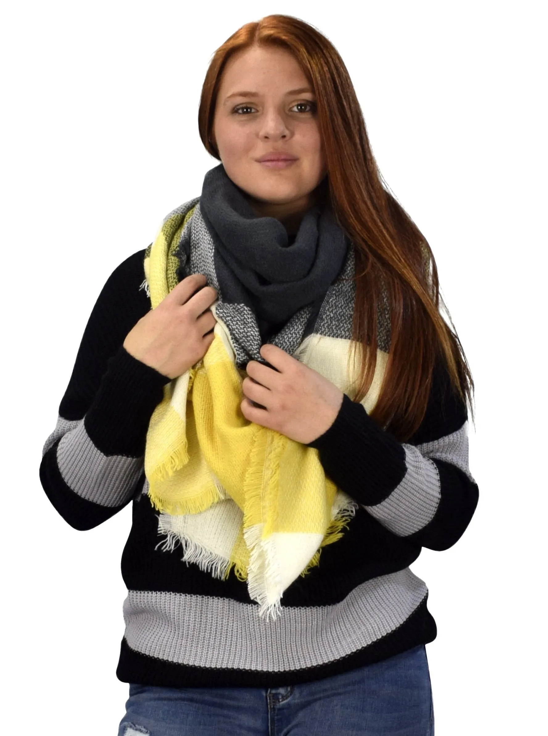 Multicolor Tartan Plaid Oversized Blanket Scarf Shawl Wrap Poncho Grey Yellow