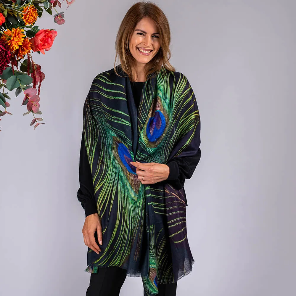 Peacock Print Superfine Wool Wrap