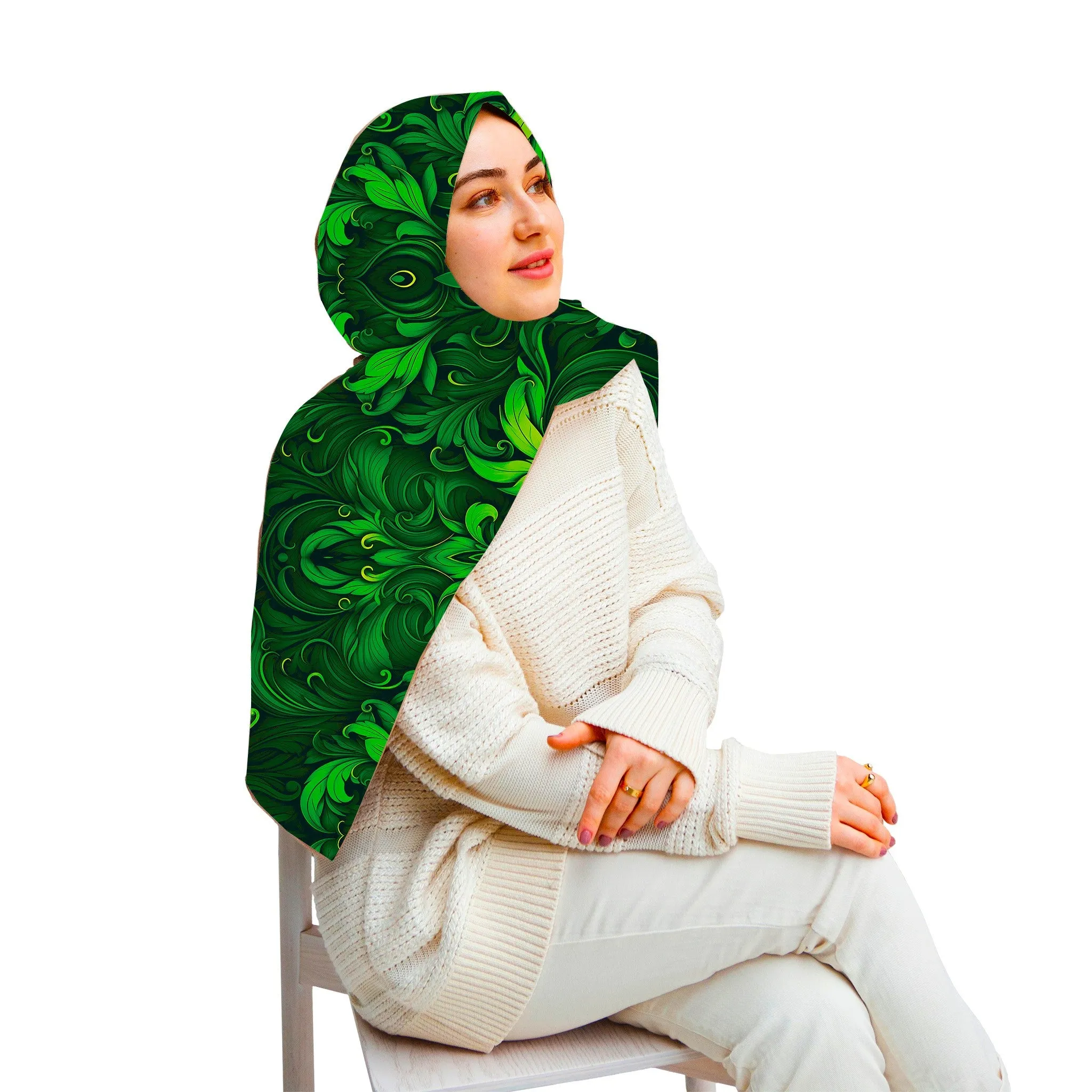 PREMIUM LUXURY PRINTED WOMEN HIJAB SCARF DUPATTA - GREEN FLORAL ART