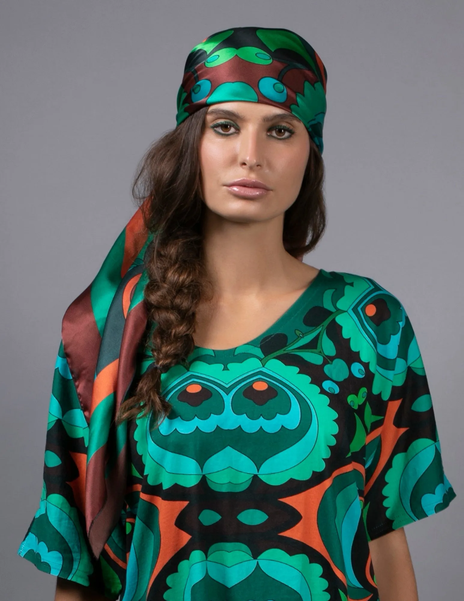 PSYCHEDELIC TEAL ORANGE SILK SCARF
