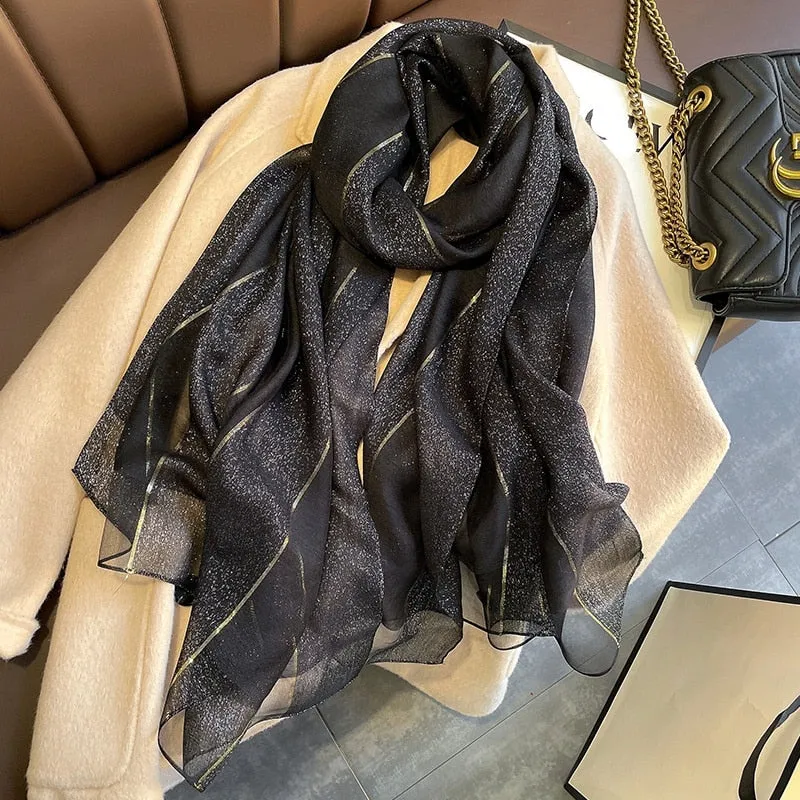 Really Silk and Wood Scarf Design Shining Silk Hijab Scarves Women Winter Spring Fashion Plaid Pashmina Shawls and Wraps Foulard