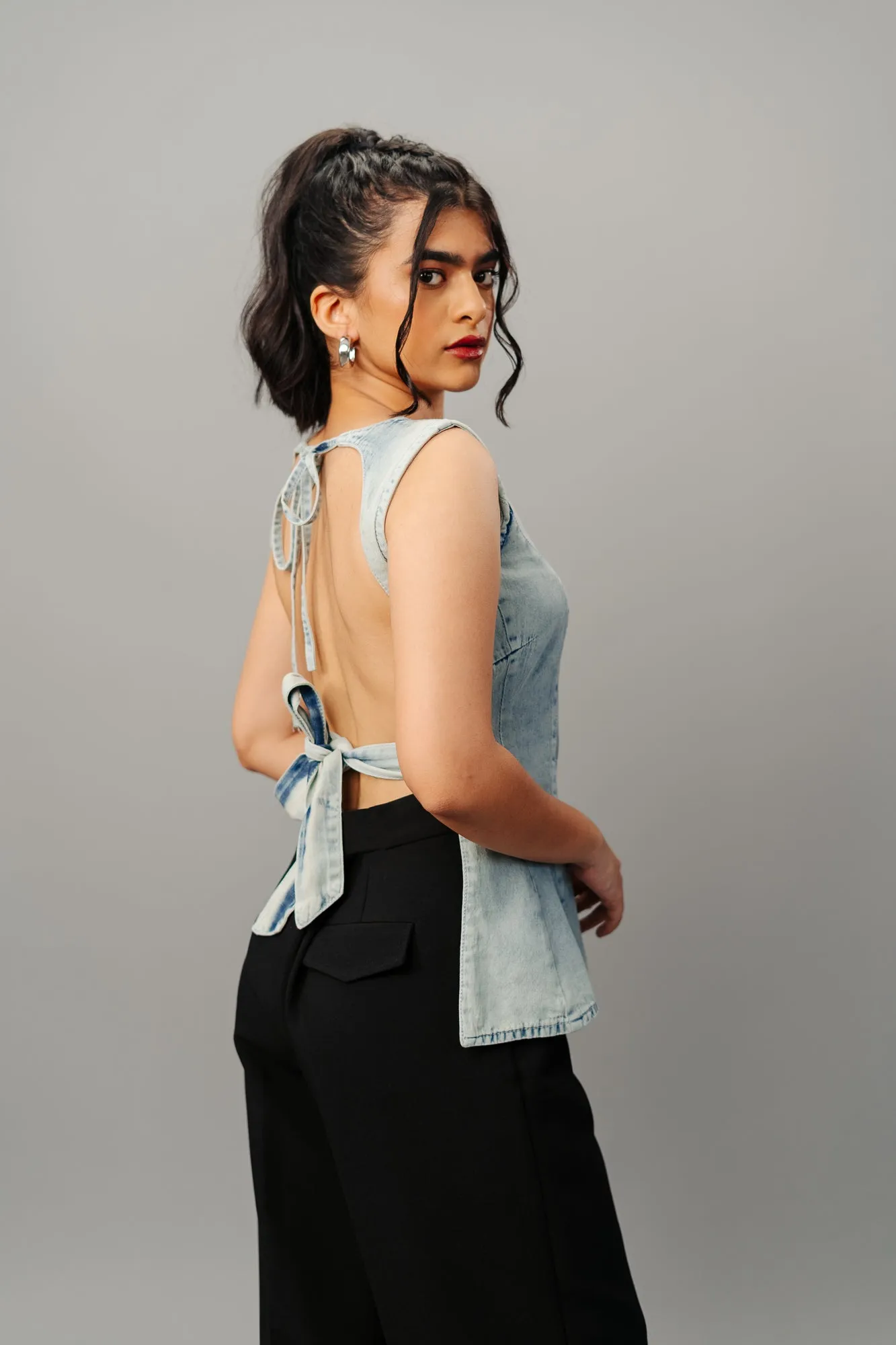 Retro Back Tie Up Denim Top