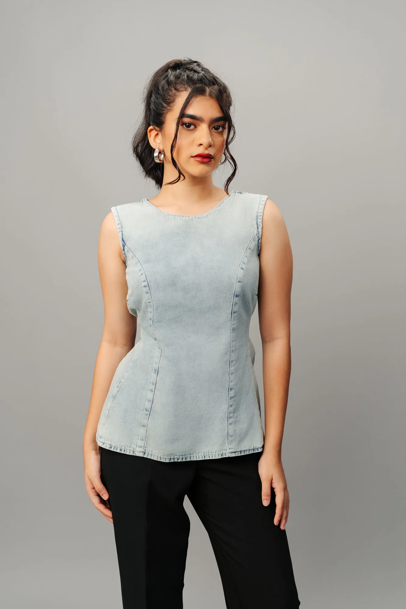 Retro Back Tie Up Denim Top